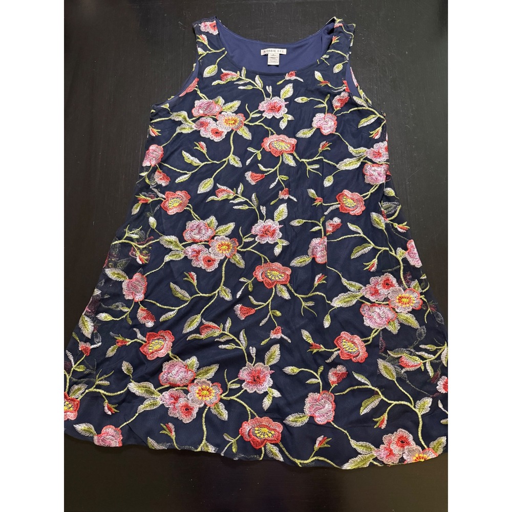 Robbie Bee Navy Blue Floral Embroidered Mesh Sleeveless Shift Dress XL